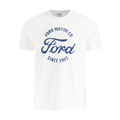 White t-shirt with blue Ford logo and text on a white background