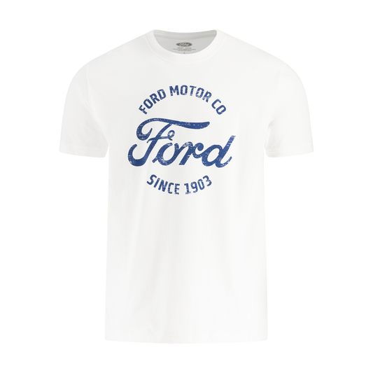White t-shirt with blue Ford logo and text on a white background
