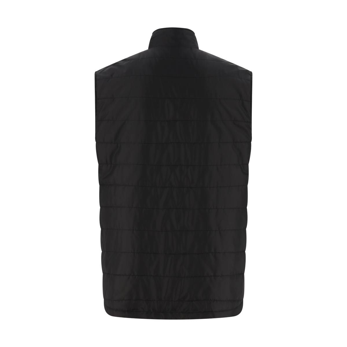 Black puffer vest on a white background