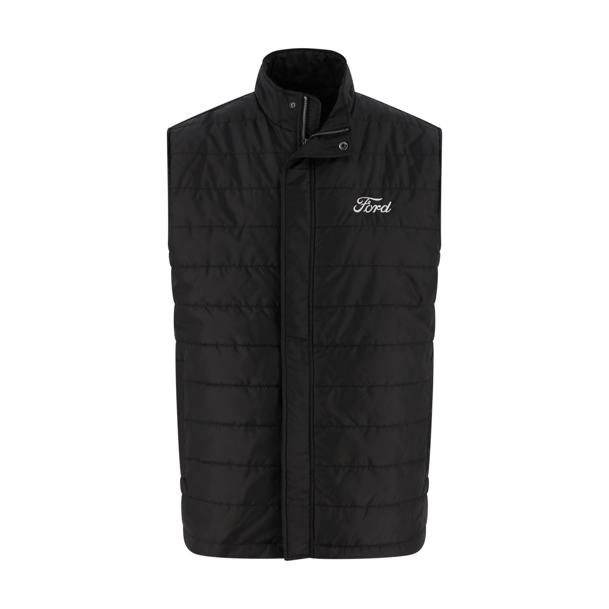 Black puffer vest with Ford logo on a white background