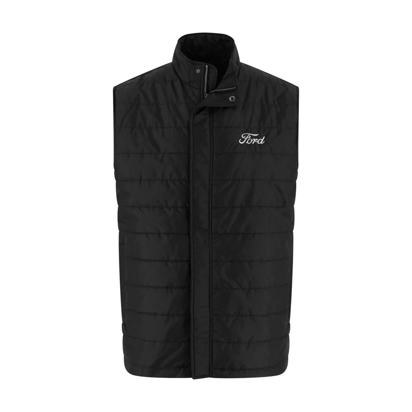 Black puffer vest with Ford logo on a white background