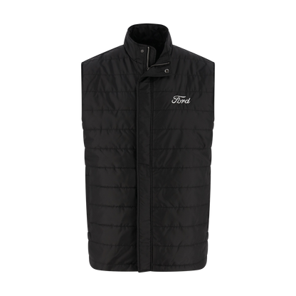 Black puffer vest with Ford logo on a white background