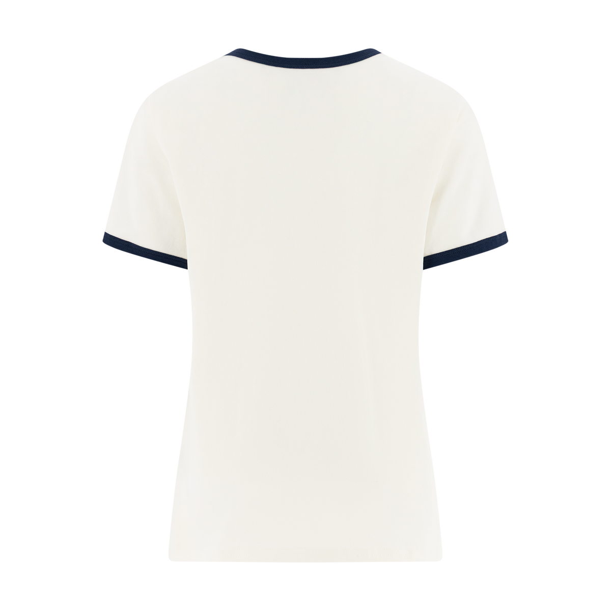 White t-shirt with navy trim on a white background