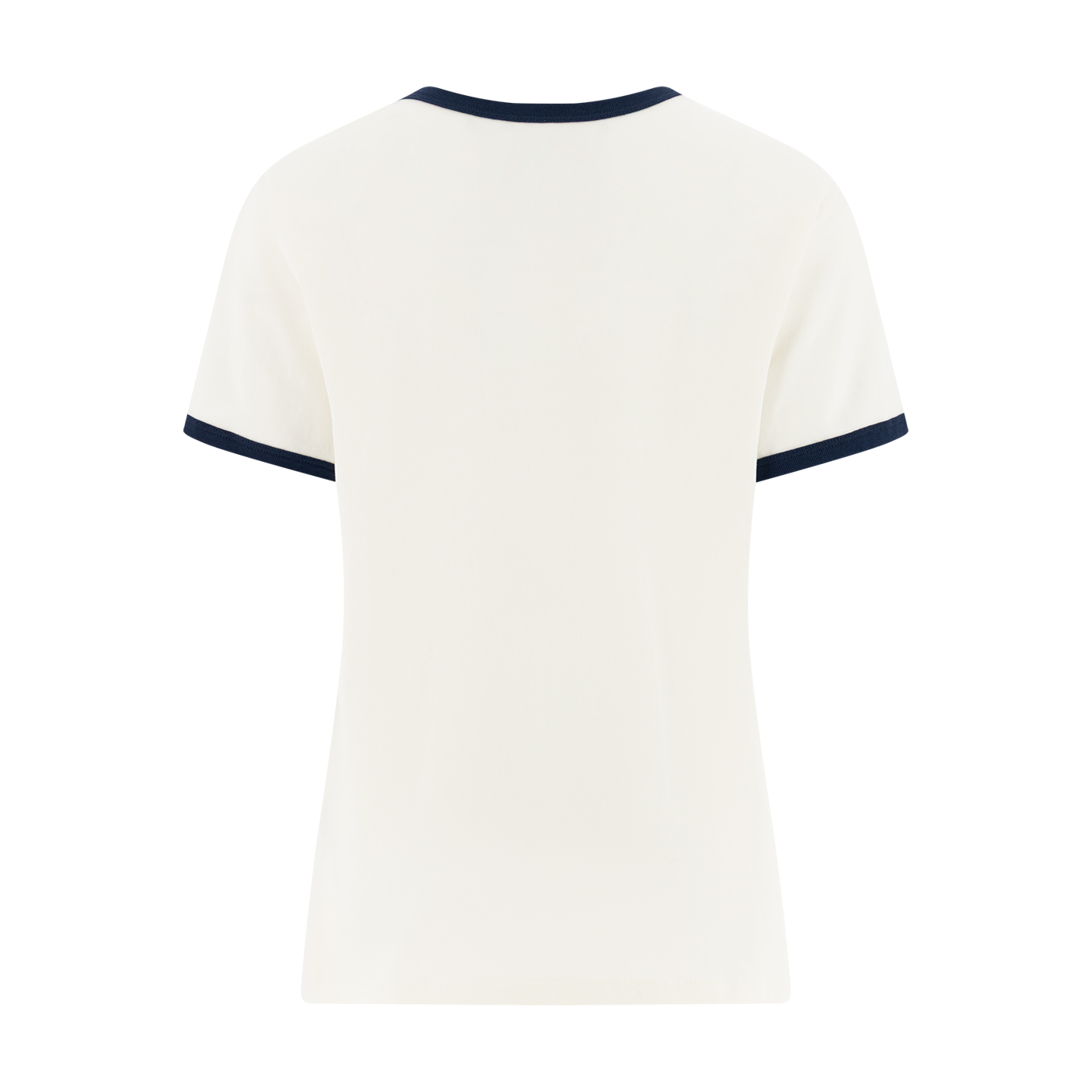 White t-shirt with navy trim on a white background
