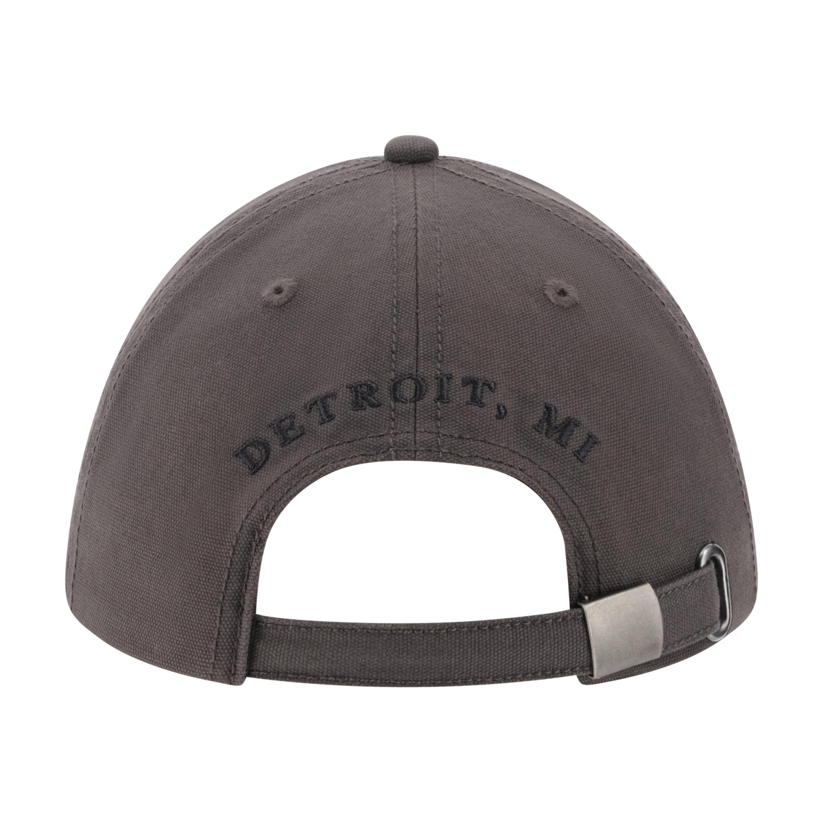 Gray cap with 'Detroit, MI' text on the back against a white background
