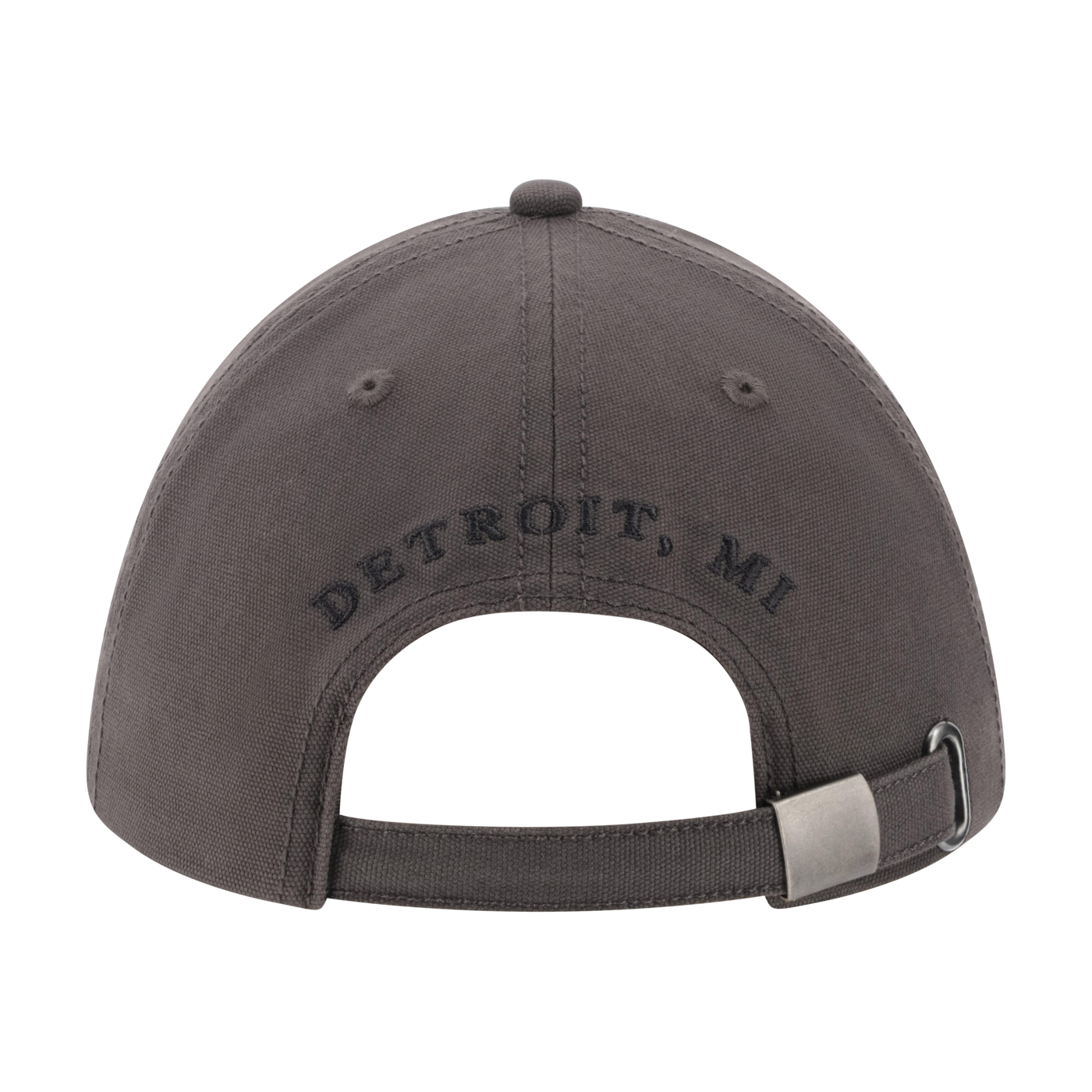 Gray cap with 'Detroit, MI' text on the back against a white background