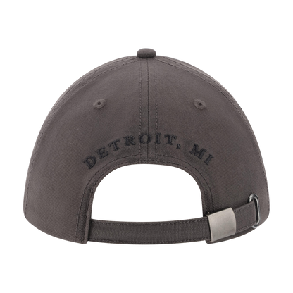 Gray cap with 'Detroit, MI' text on the back against a white background