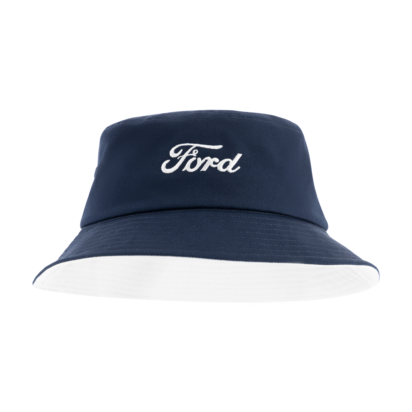 Navy bucket hat with 'Ford' logo on a white background
