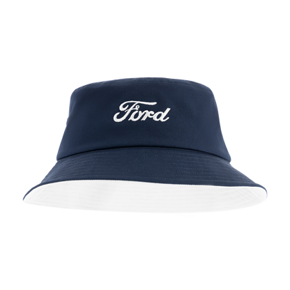 Navy bucket hat with 'Ford' logo on a white background