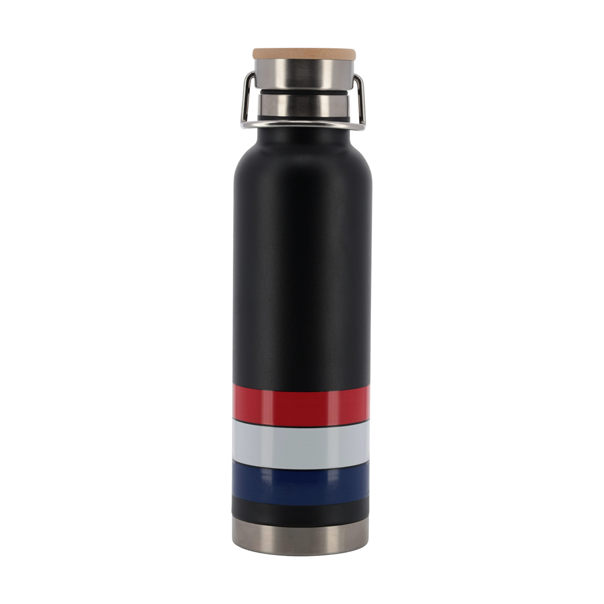 Black water bottle with red, white, and blue stripes on a white background