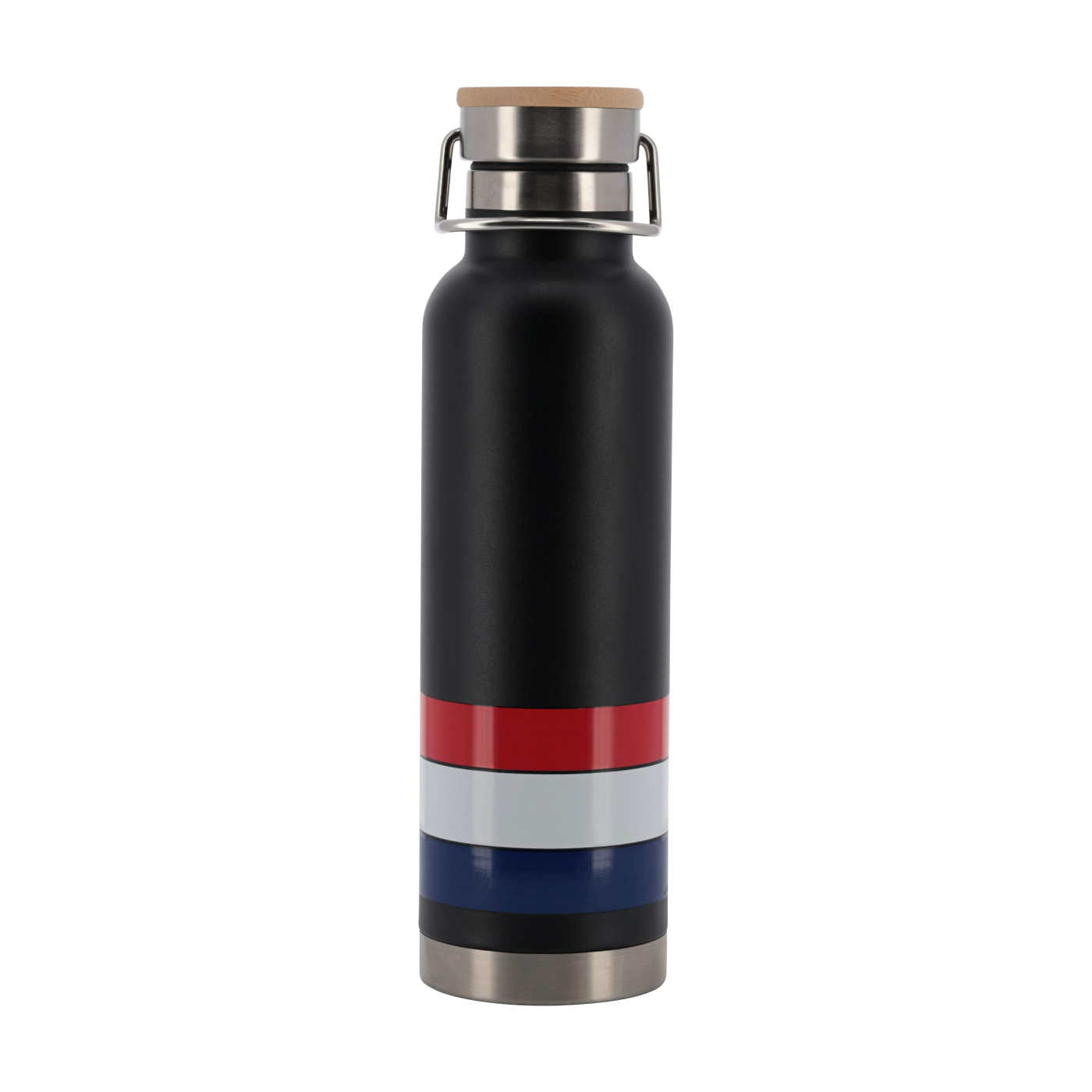 Black water bottle with red, white, and blue stripes on a white background