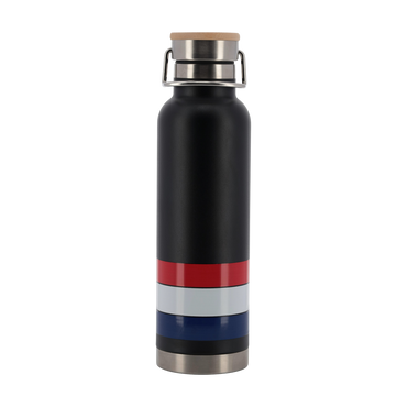 Black water bottle with red, white, and blue stripes on a white background