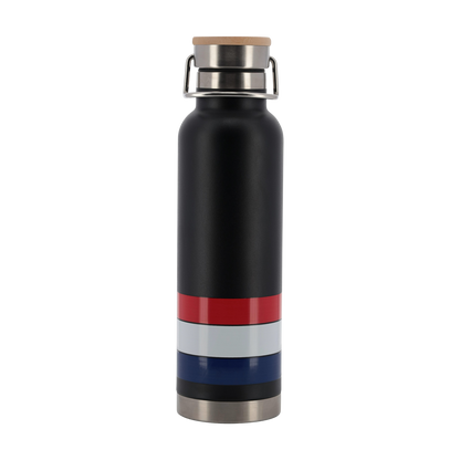 Black water bottle with red, white, and blue stripes on a white background