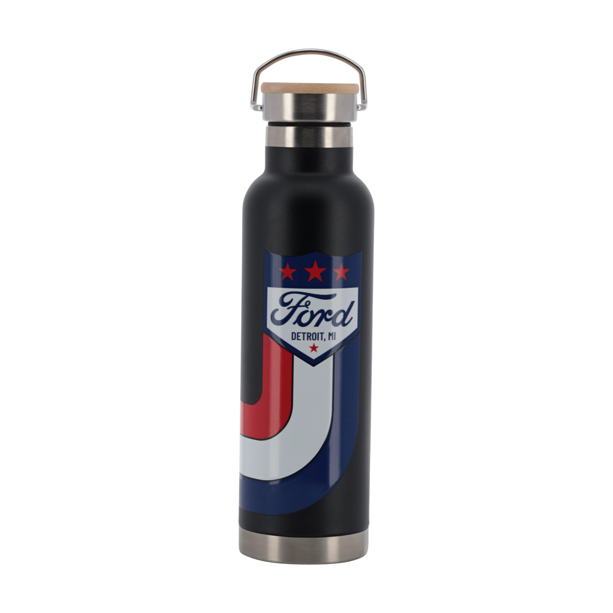 Black water bottle with Ford logo on a white background