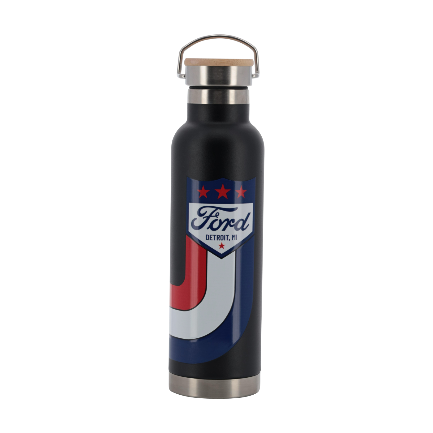 Black water bottle with Ford logo on a white background