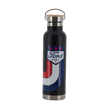 Black water bottle with Ford logo on a white background