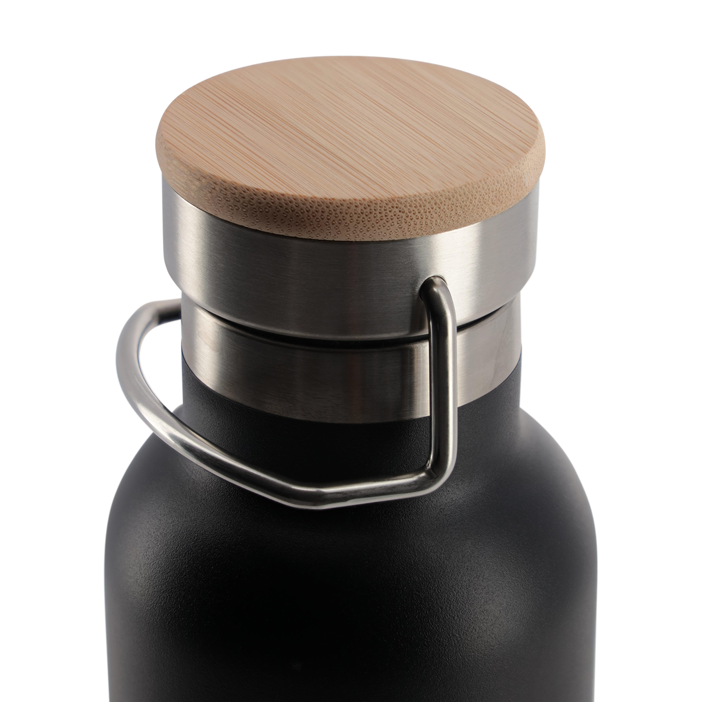 Black insulated bottle with wooden cap on a white background