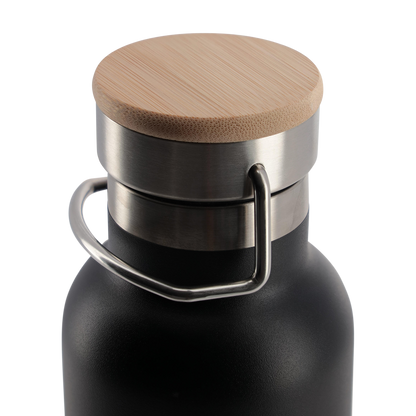 Black insulated bottle with wooden cap on a white background