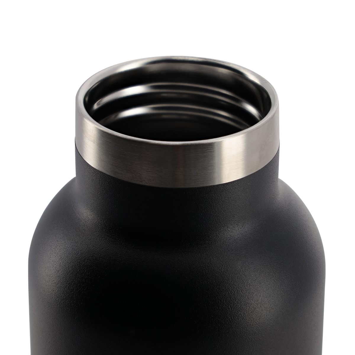 Black insulated bottle with silver lid on a white background