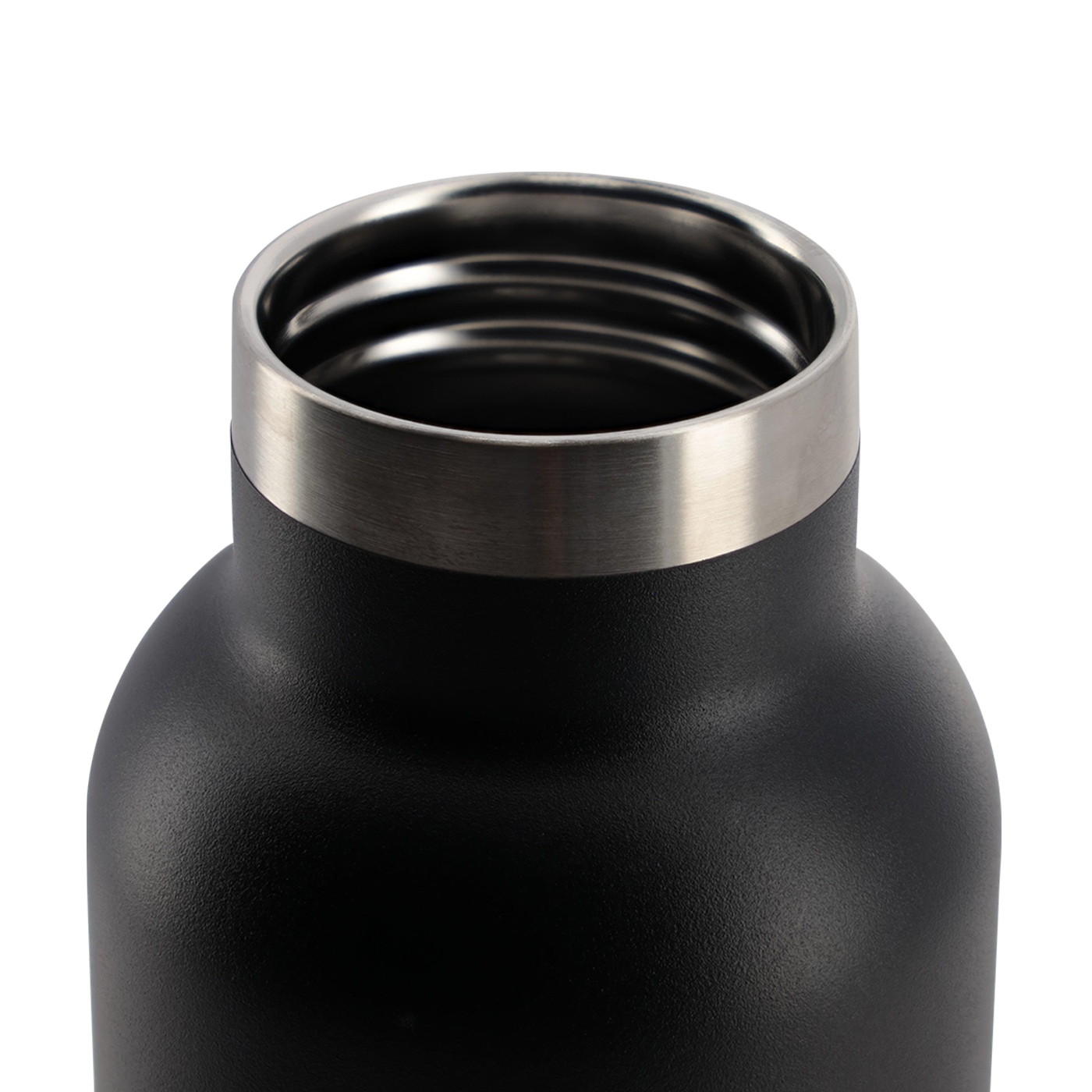 Black insulated bottle with silver lid on a white background
