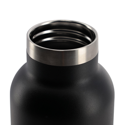 Black insulated bottle with silver lid on a white background