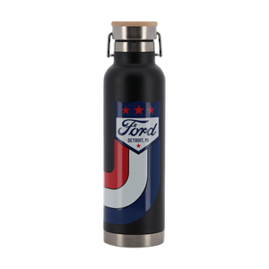 Black water bottle with Ford logo on a white background