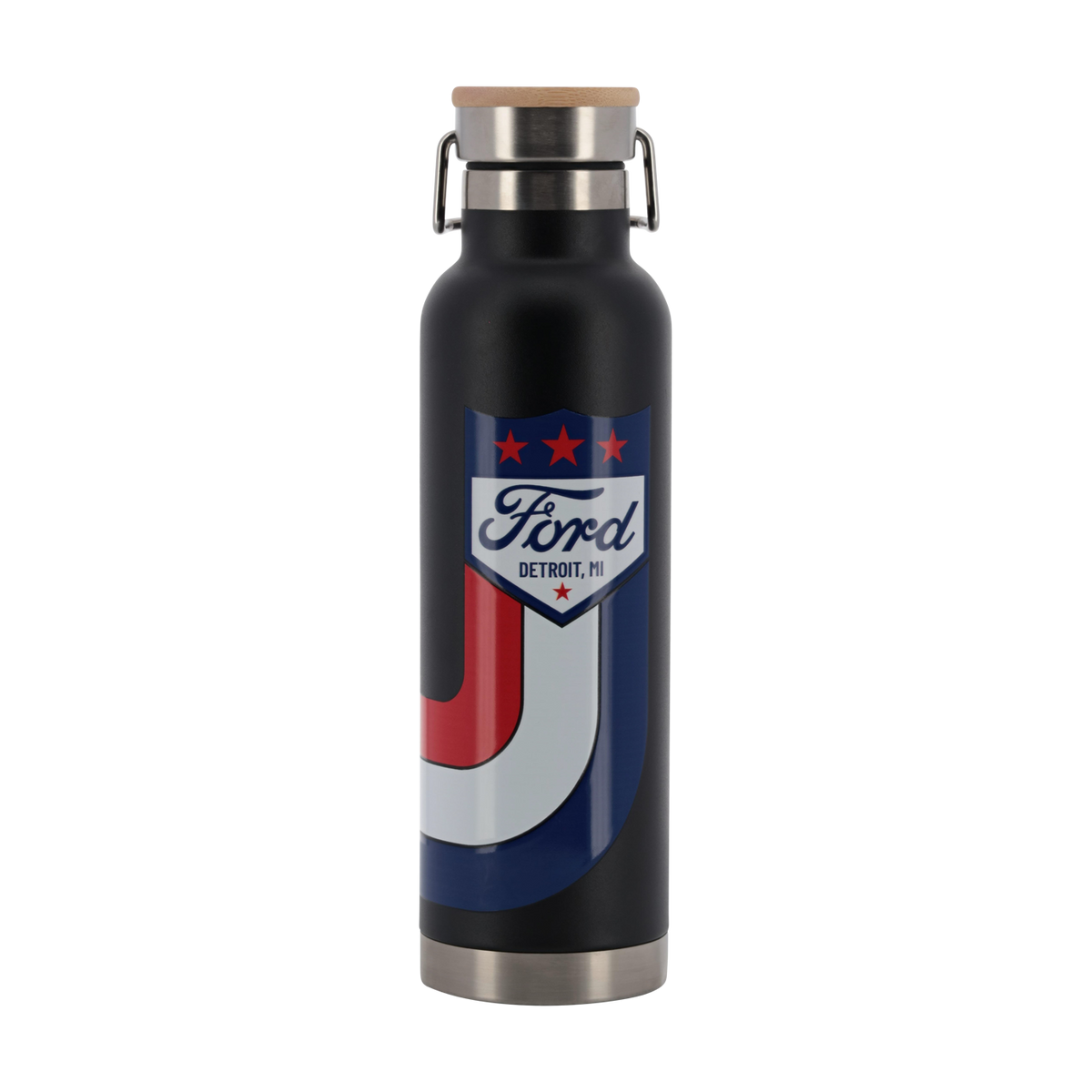 Black water bottle with Ford logo on a white background