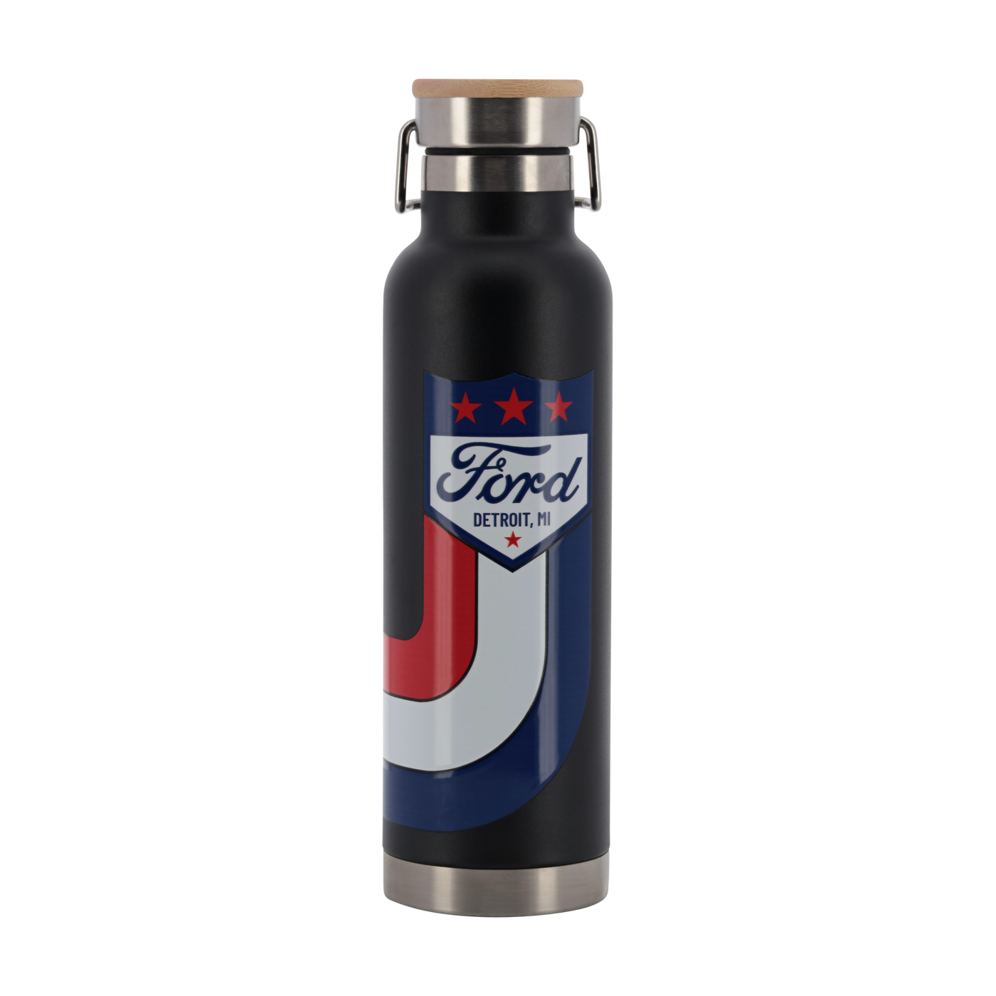 Black water bottle with Ford logo on a white background