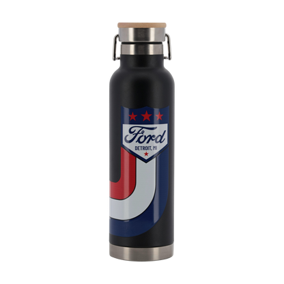 Black water bottle with Ford logo on a white background