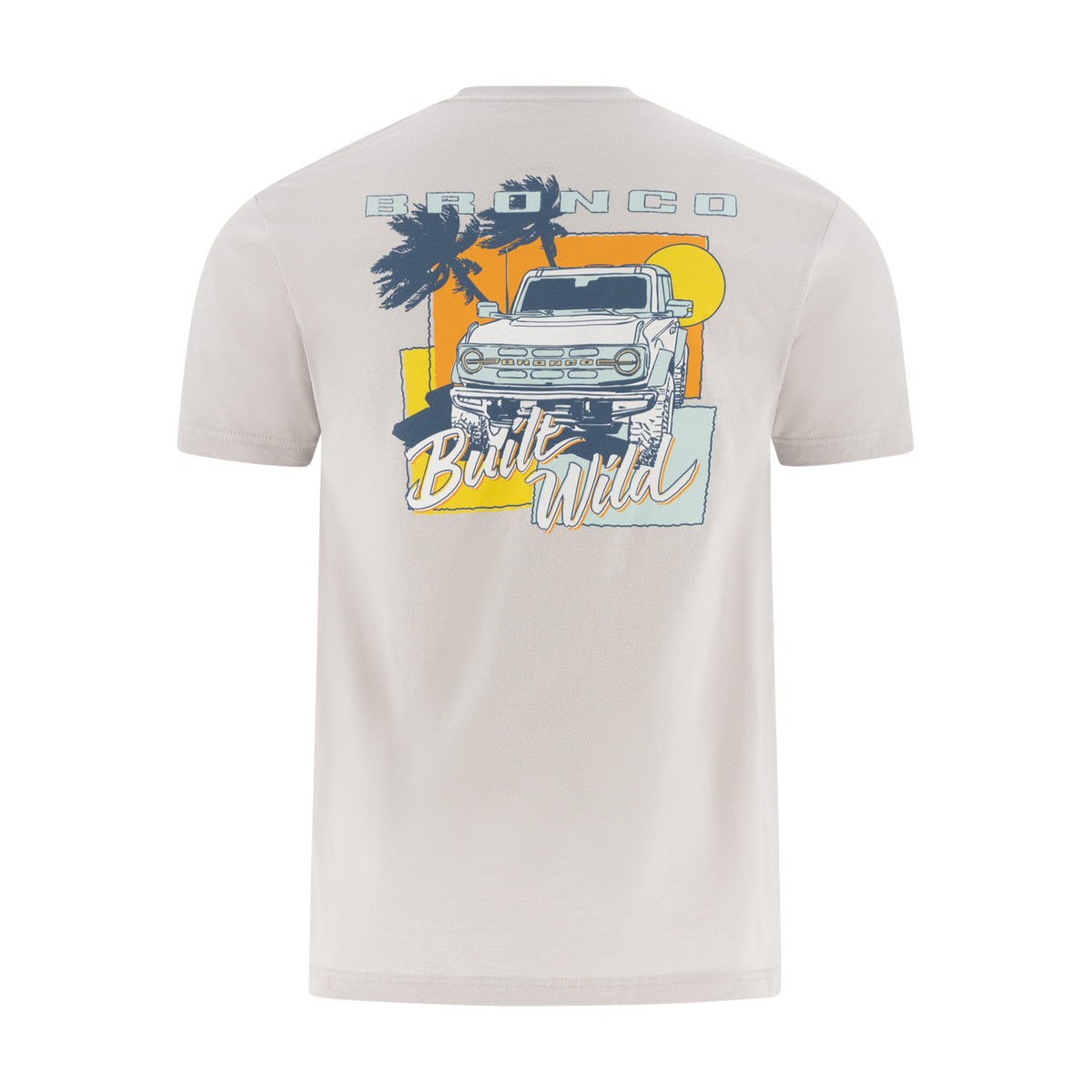 Beige t-shirt with a graphic of a Ford Bronco truck and palm trees on a white background