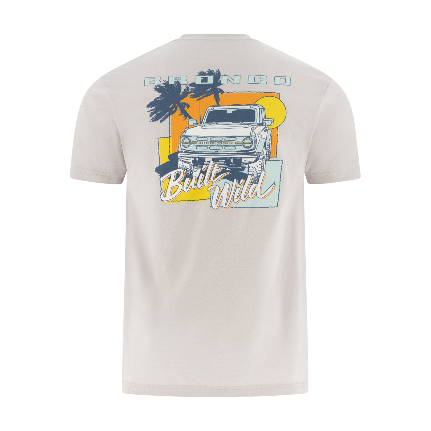 Beige t-shirt with a graphic of a Ford Bronco truck and palm trees on a white background
