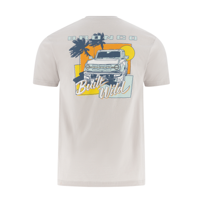 Beige t-shirt with a graphic of a Ford Bronco truck and palm trees on a white background