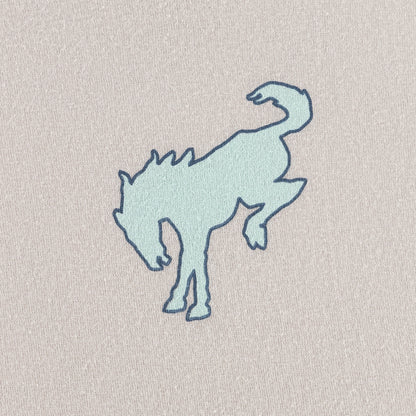 Blue outline of a Ford Bronco horse on a textured beige background