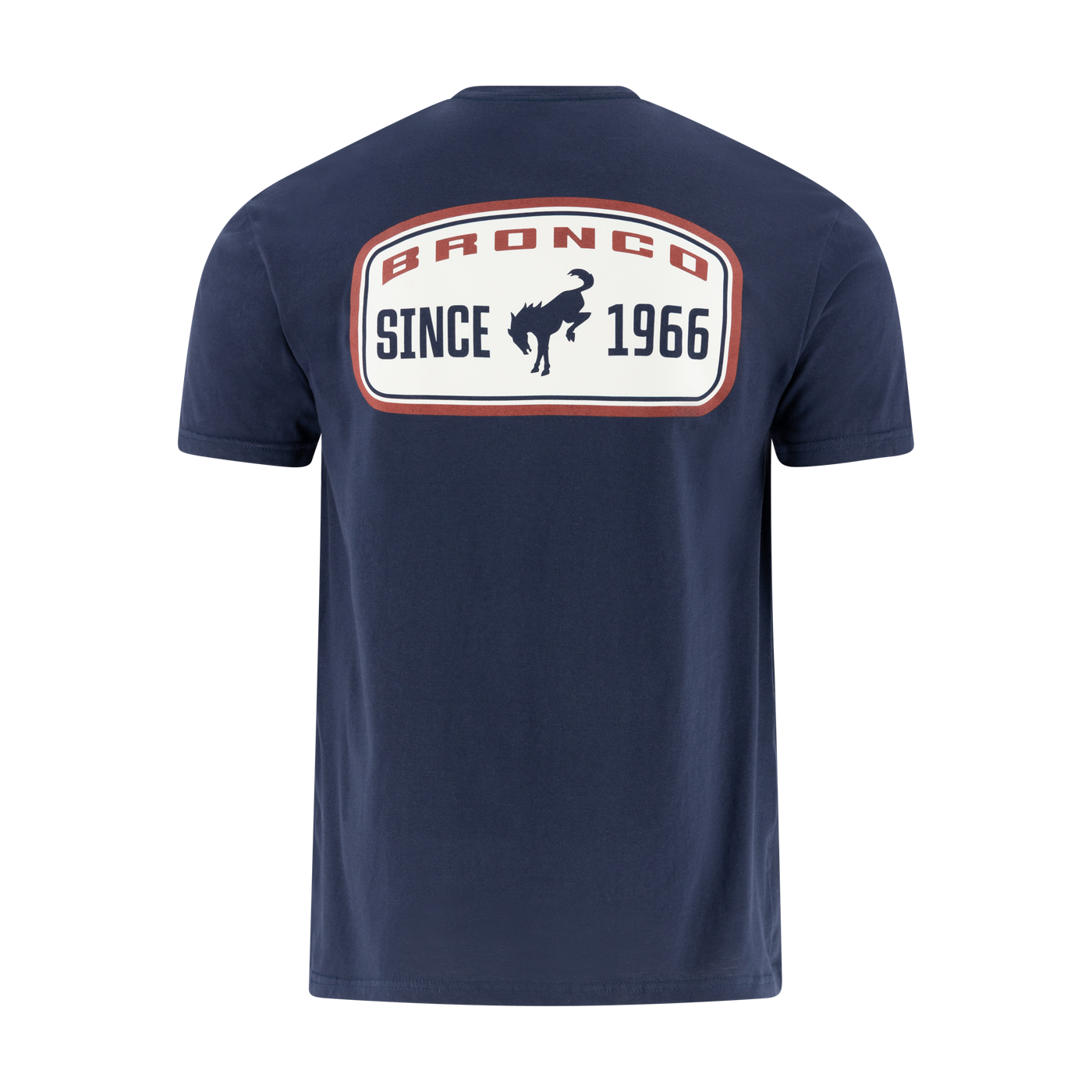 Navy blue t-shirt with 'Bronco Since 1966' logo on a white background