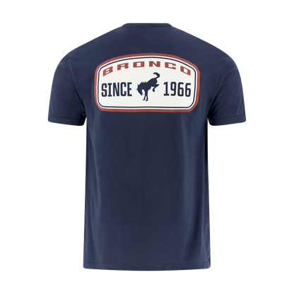 Navy blue t-shirt with 'Bronco Since 1966' logo on a white background