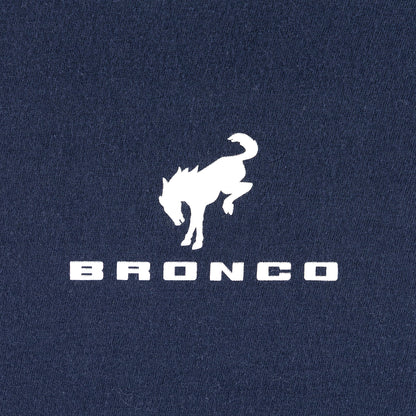 White Ford Bronco logo on a dark blue background