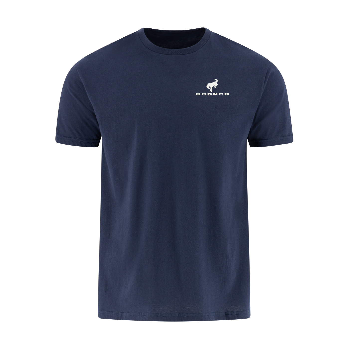 Navy blue t-shirt with a white Ford Bronco logo on a white background