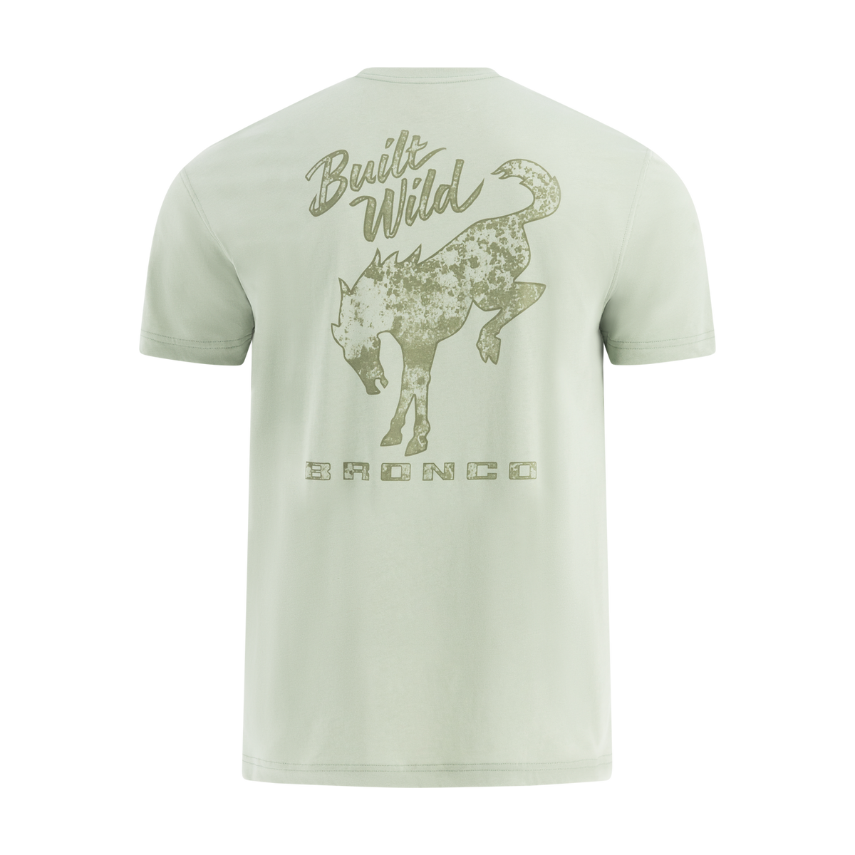 Light green t-shirt with a graphic of a Ford Bronco and text on a white background