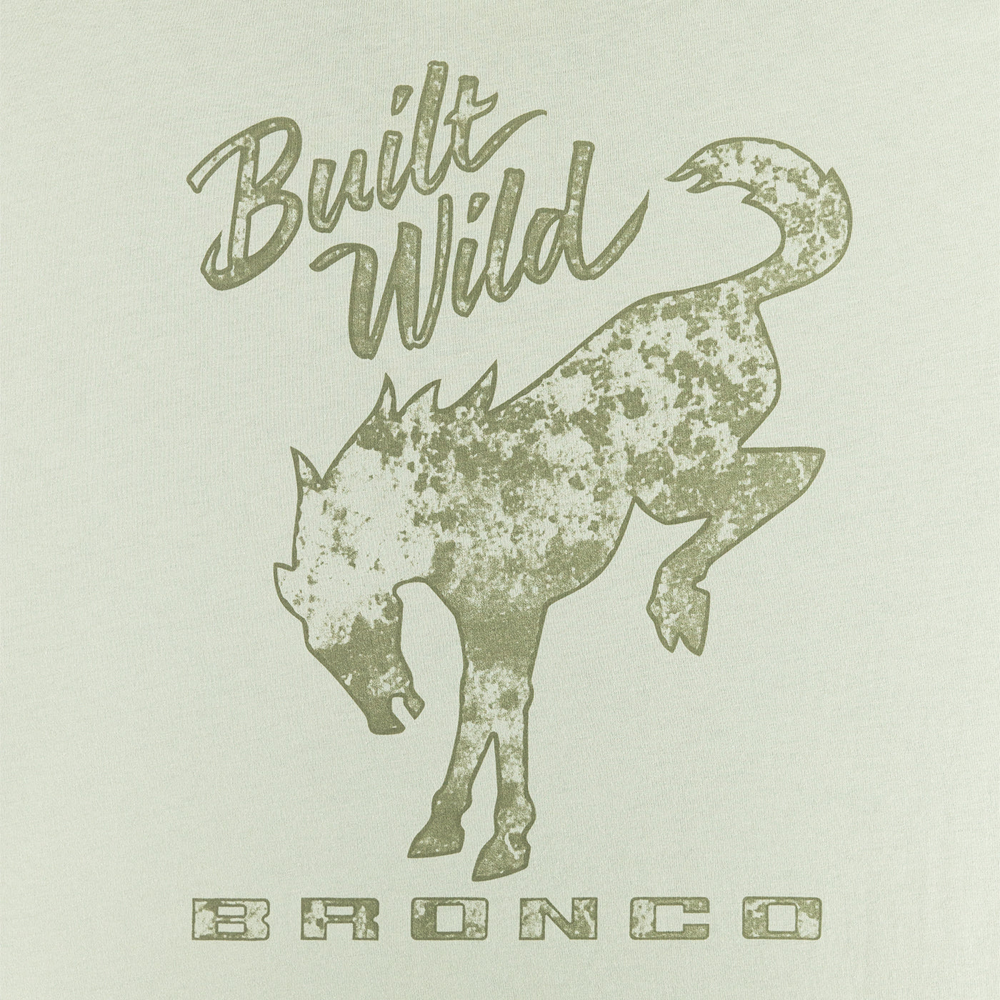 Silhouette of a bronco with 'Built Wild' text on a beige background