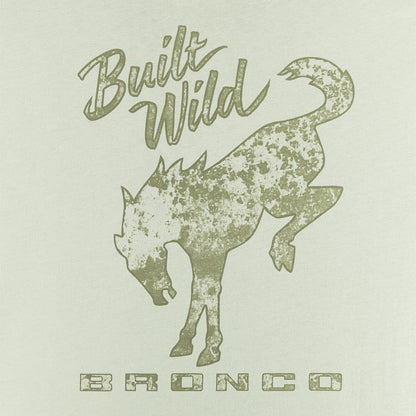 Silhouette of a bronco with 'Built Wild' text on a beige background