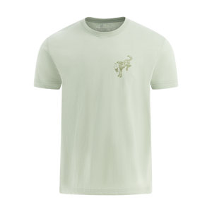 Light green t-shirt with a small logo on a white background