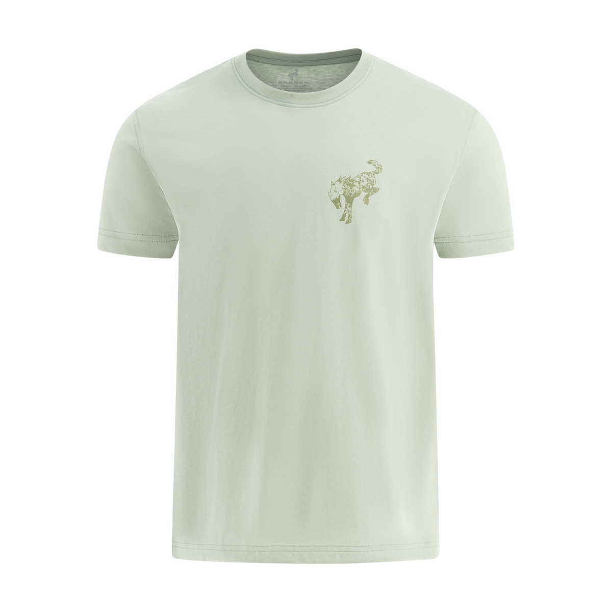 Light green t-shirt with a small logo on a white background