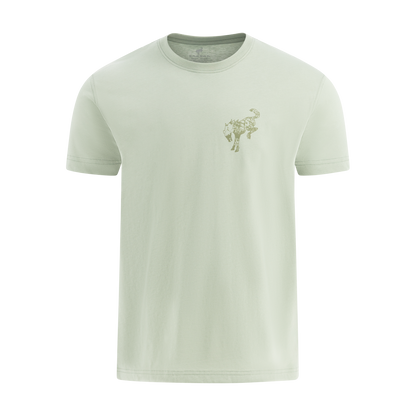 Light green t-shirt with a small logo on a white background