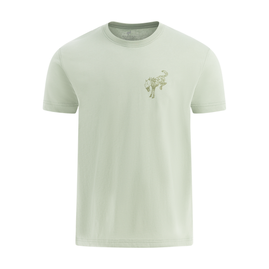 Light green t-shirt with a small logo on a white background