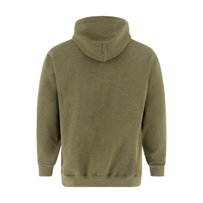 Green hoodie shown from the back on a white background