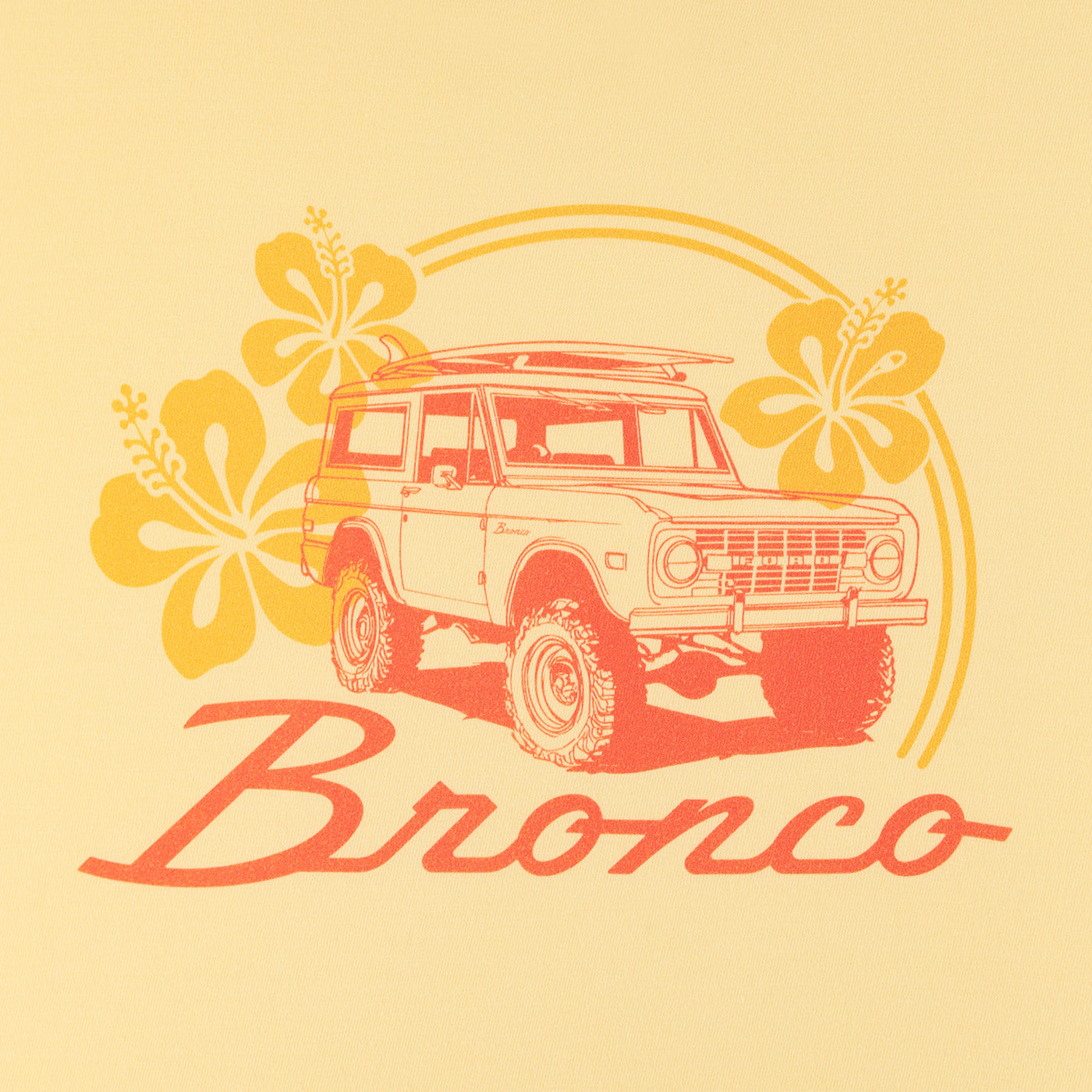 Vintage-style illustration of a Bronco vehicle with floral elements on a beige background