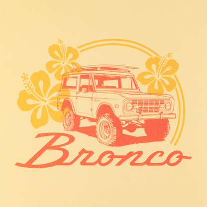 Vintage-style illustration of a Bronco vehicle with floral elements on a beige background
