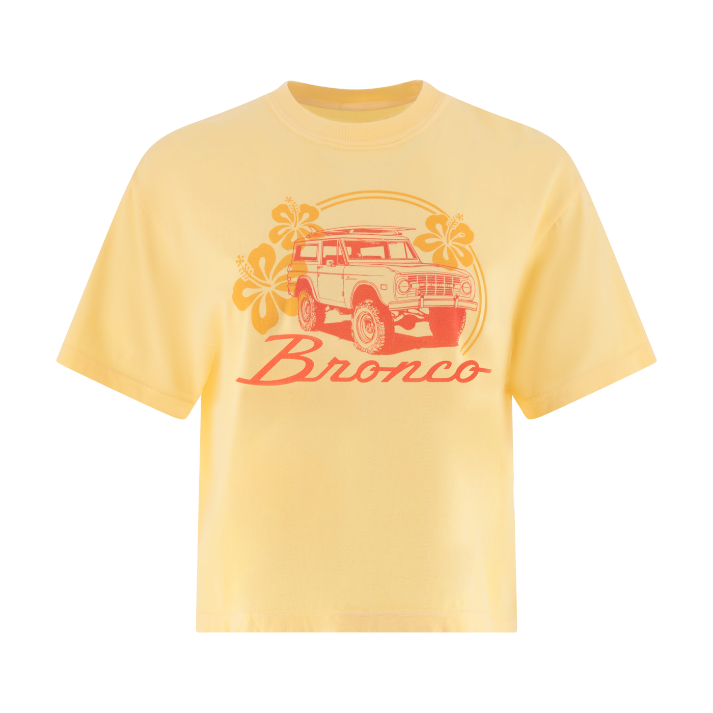 Yellow t-shirt with a Bronco graphic design on a white background