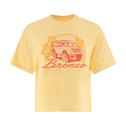 Yellow t-shirt with a Bronco graphic design on a white background