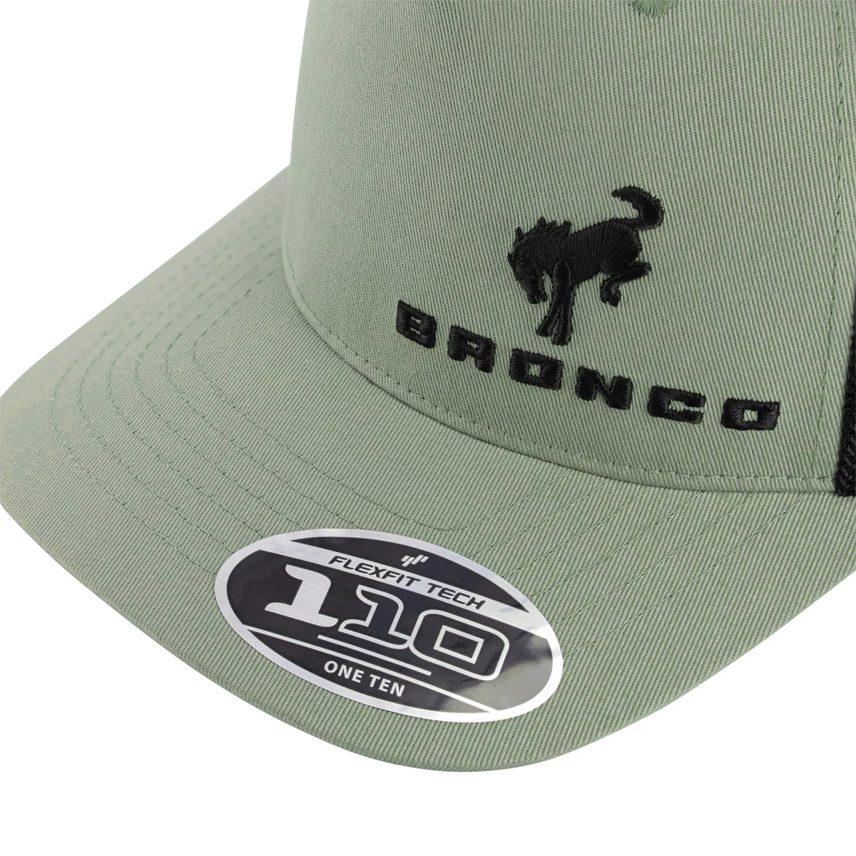 Green cap with black bronco logo and Flexfit label on a white background